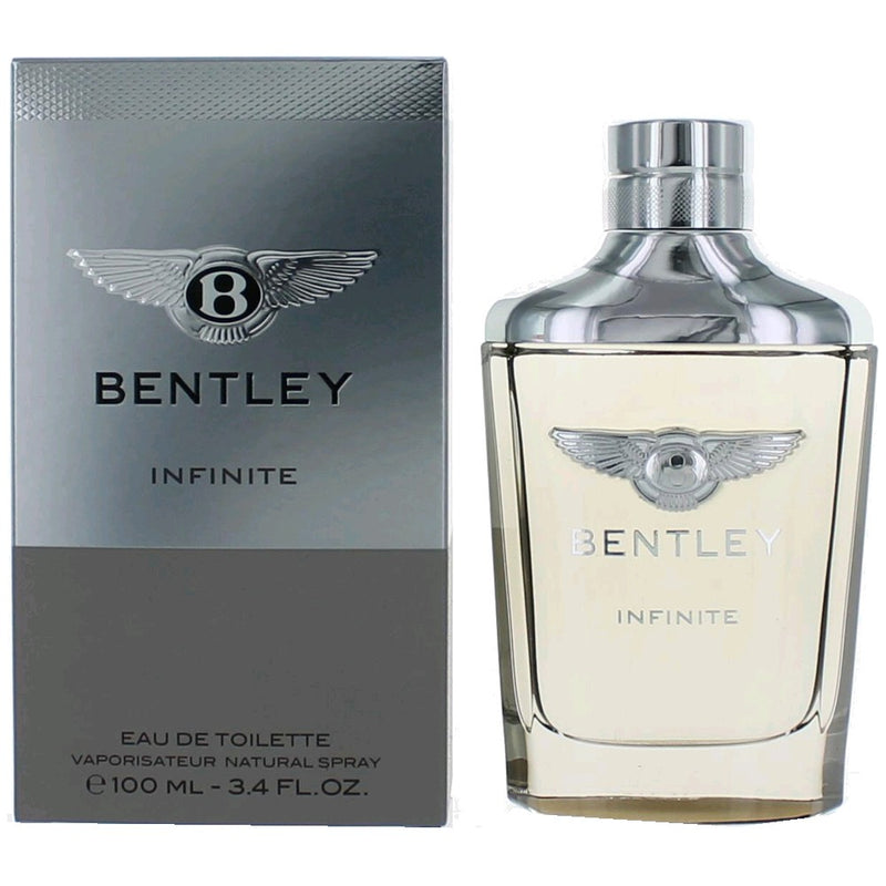 Bentley Infinite men's 3.4 oz EDT spray bottle with sleek packaging and a silver cap.