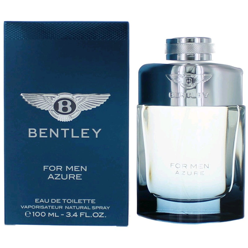 Bentley Azure men's 3.4 oz EDT spray bottle with sleek design and silver accents, showcasing modern luxury fragrance.