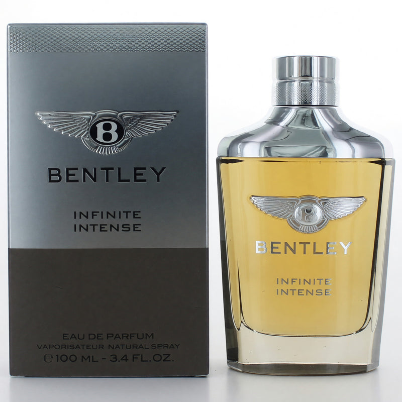 Bentley Infinite Intense 3.4 oz men's Eau de Parfum spray bottle with elegant packaging and branding.