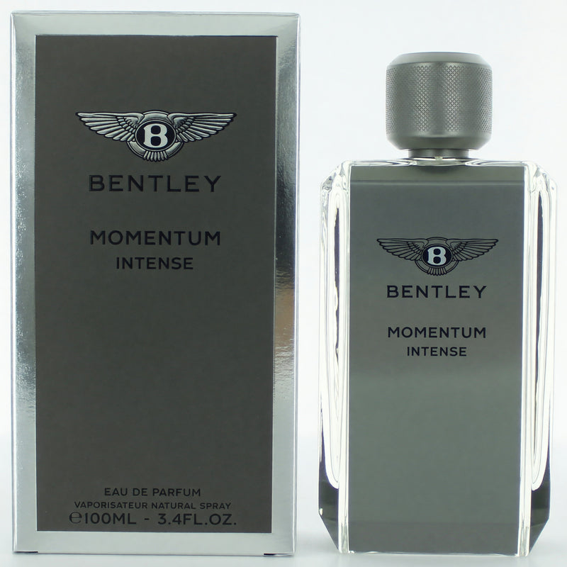 Bentley Momentum Intense 3.4 oz men's Eau de Parfum spray bottle with sleek design and silver accents.