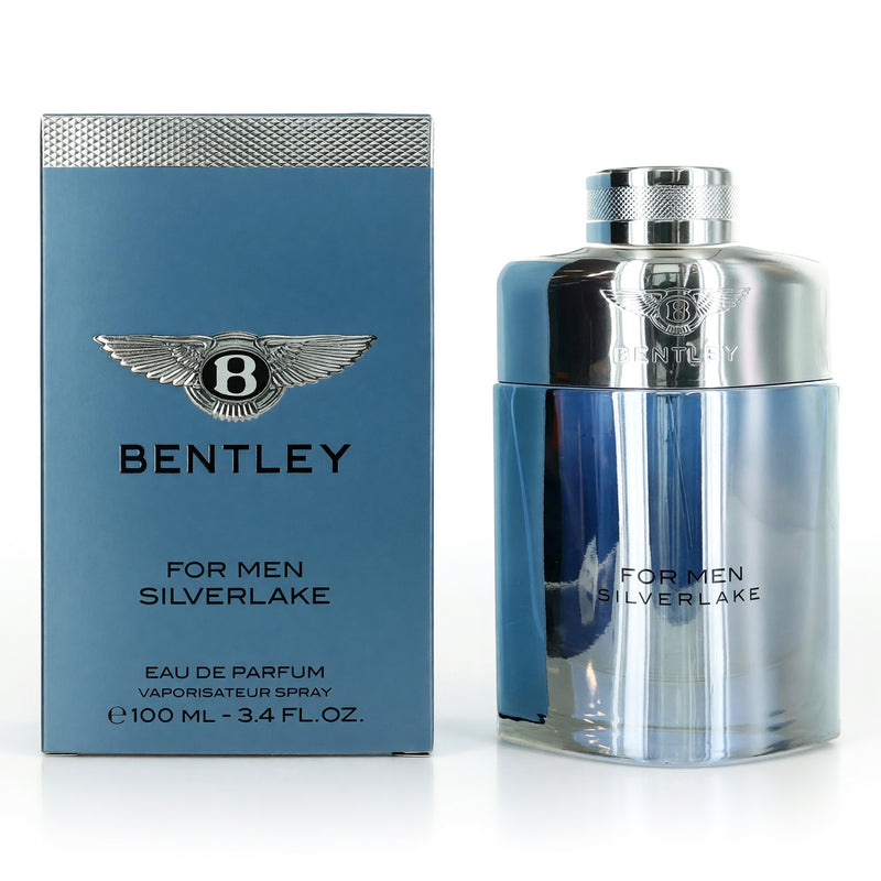 Bentley Silverlake men's 3.4 oz EDP spray bottle, sleek silver packaging, with the fragrance cap visible in the image.
