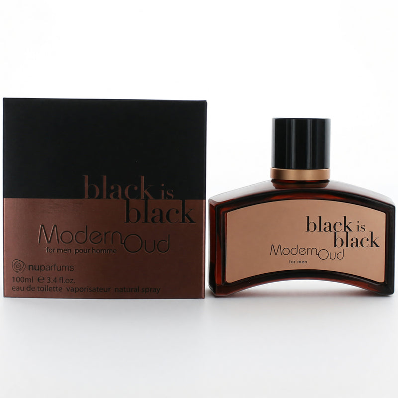 Black is Black Modern Oud by NuParfums 3.4 oz men's EDT spray bottle with sleek black packaging and modern design.
