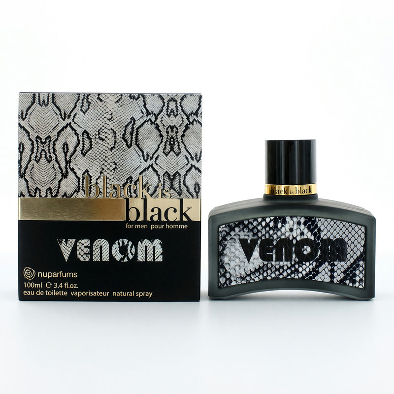 Black is Black Venom by NuParfums 3.4 oz men's EDT spray bottle with sleek black design and silver accents.