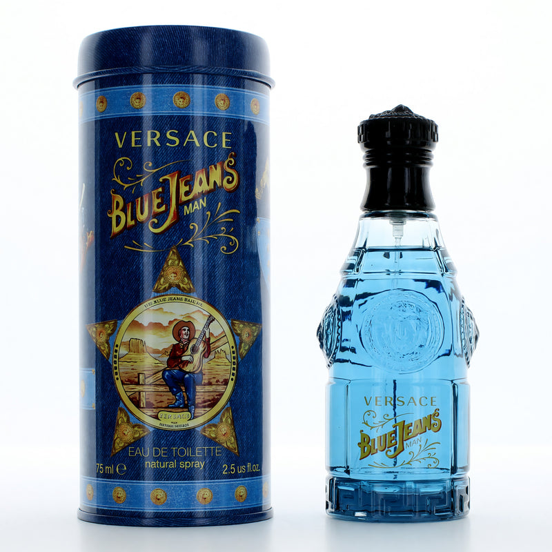 Versace Blue Jeans men's 2.5 oz EDT spray bottle with a sleek blue design and silver cap, showcasing the fragrance packaging.