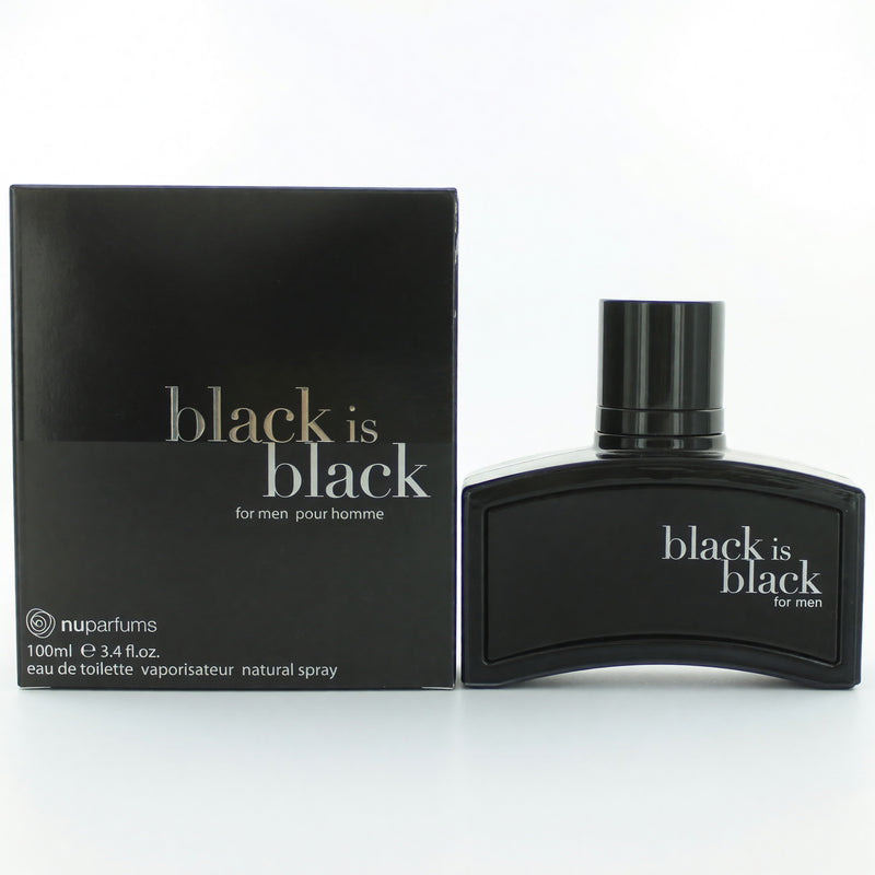 NuParfums Black is Black 3.4 oz men's EDT spray bottle, sleek black packaging, ready for stylish wear.
