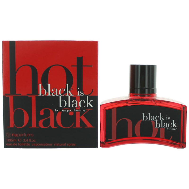 NuParfums Black Is Black Hot 3.4 oz men's EDT spray, dark-colored bottle with sleek design and black cap.