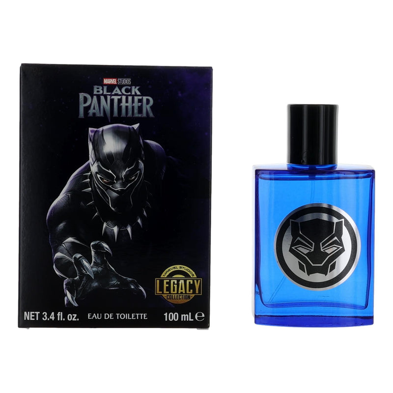 Black Panther Marvel men's 3.4 oz EDT spray bottle featuring a sleek black design with Marvel branding and character imagery.