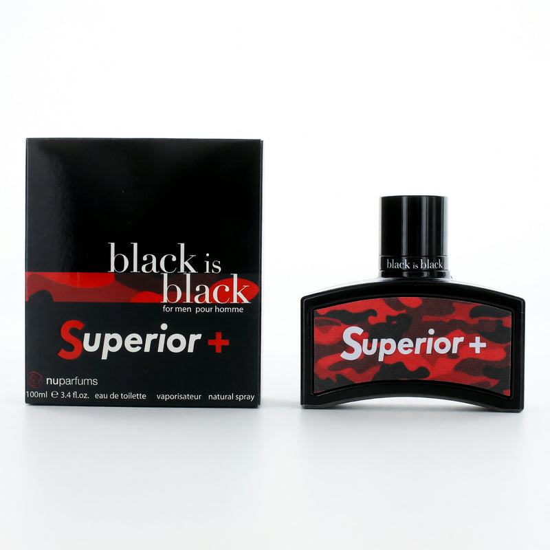 Black is Black Superior men's 3.4 oz EDT spray by nuparfums, featuring a sleek black bottle and modern design.