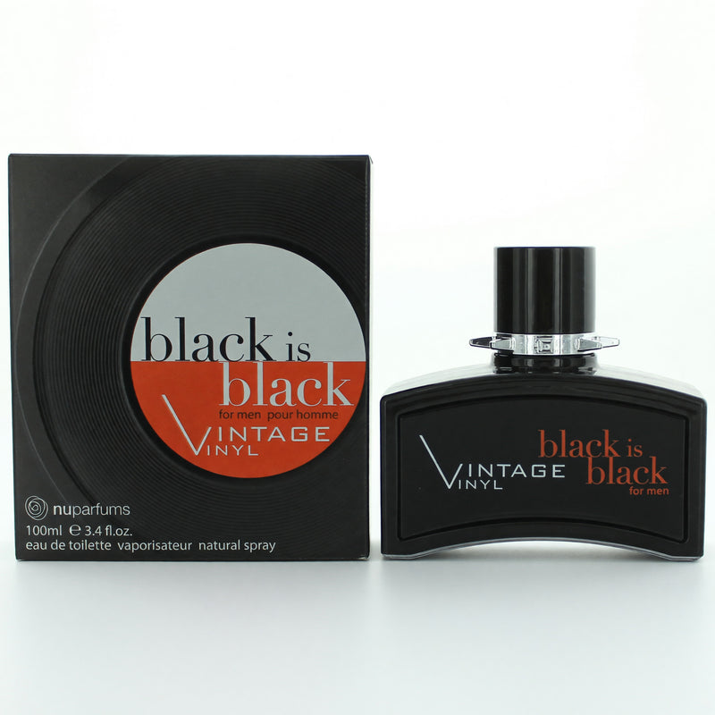 NuParfums Black is Black vintage vinyl 3.4 oz men's EDT spray bottle, with stylish black packaging and vintage-inspired design.