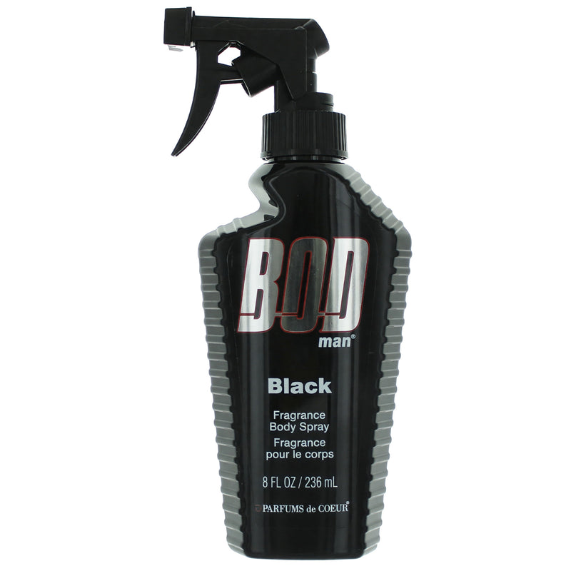 Parfums De Coeur Bod Man Black men's 8 oz fragrance body spray, black bottle with sleek design, for casual and everyday wear.