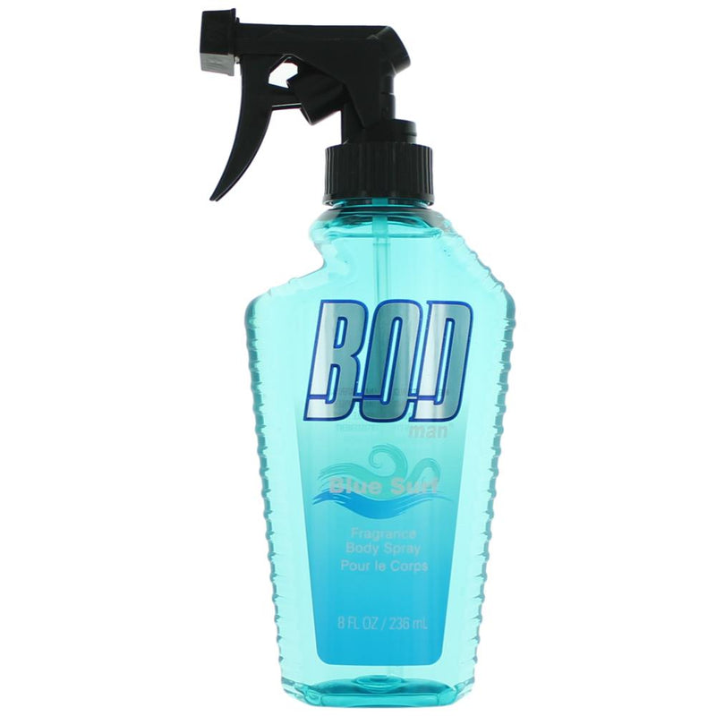 Parfums De Coeur Bod Man Blue Surf men's 8oz fragrance body spray with a sleek blue bottle and modern design.