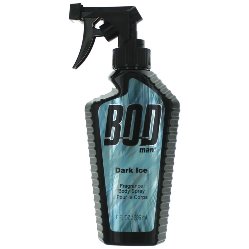 Bod Man Dark Ice men's fragrance body spray by Parfums De Coeur, 8 oz bottle with dark blue design and spray nozzle.