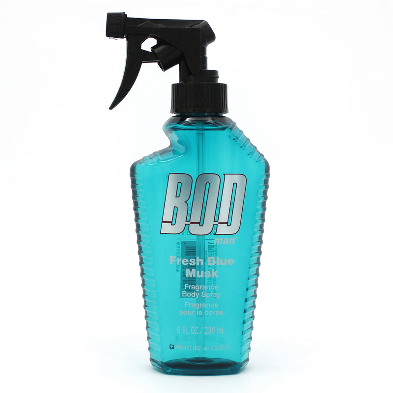 Bod Man Fresh Blue Musk men's body spray by Parfums De Coeur, 8oz bottle with blue and white packaging and spray nozzle