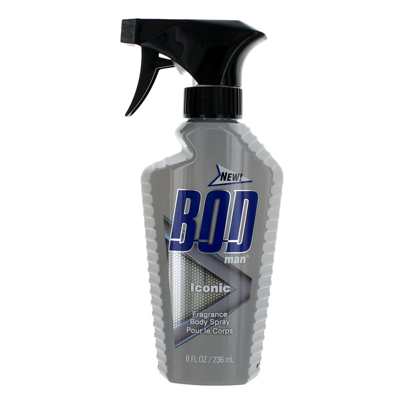 Parfums De Coeur Bod Man Iconic 8 oz men's fragrance body spray featuring a sleek black bottle with a silver cap.