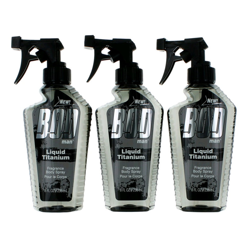 Three 8oz Bod Man Liquid Titanium fragrance body sprays for men by Parfums De Coeur, featuring sleek black bottles with blue accents.