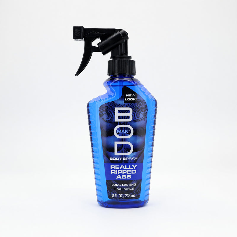 Bod Man Really Ripped Abs men's fragrance body spray by Parfums De Coeur, 8oz bottle, with sleek packaging and spray nozzle.
