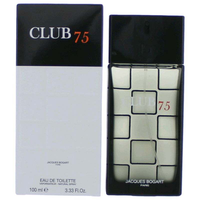 Jacques Bogart Club 75 men's 3.3 oz EDT bottle with a sleek design and silver cap, standing on a white background.