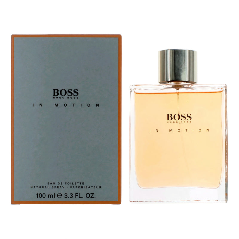 Hugo Boss Boss in Motion 3.3 oz men's EDT spray bottle with sleek packaging and cap, ready for use.