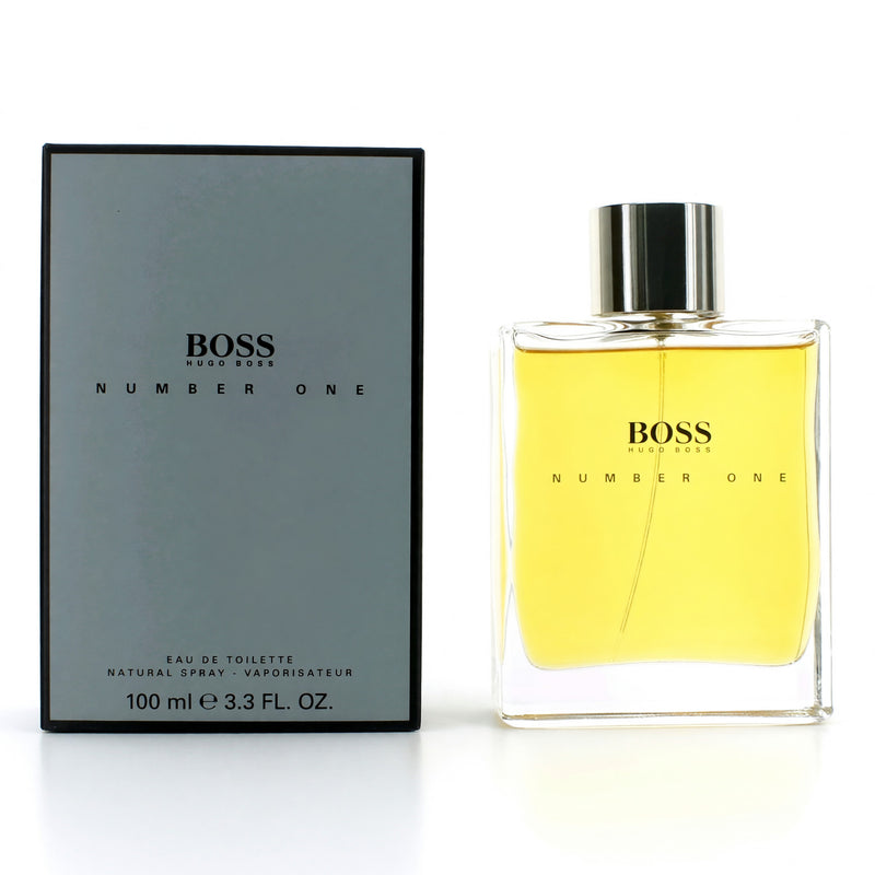 Hugo Boss Boss Number One 3.3 oz men's EDT spray bottle, sleek glass container with silver cap, displayed on a white background.
