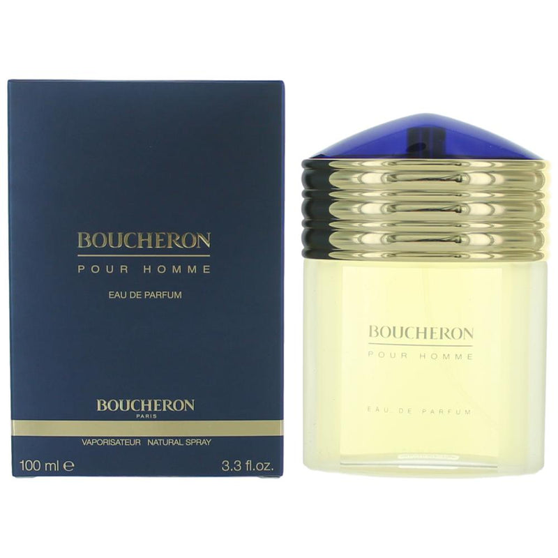 Boucheron Pour Homme 3.3 oz men's eau de parfum spray bottle with sleek packaging and classic design.
