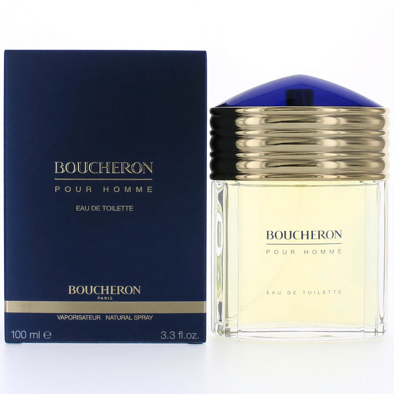 Boucheron Pour Homme men's 3.3 oz EDT spray bottle with clear glass and silver cap, featuring the Boucheron logo.