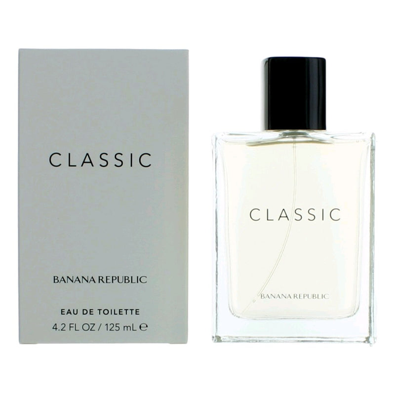Banana Republic Classic unisex 4.2oz EDT spray bottle, sleek transparent glass container with silver cap.