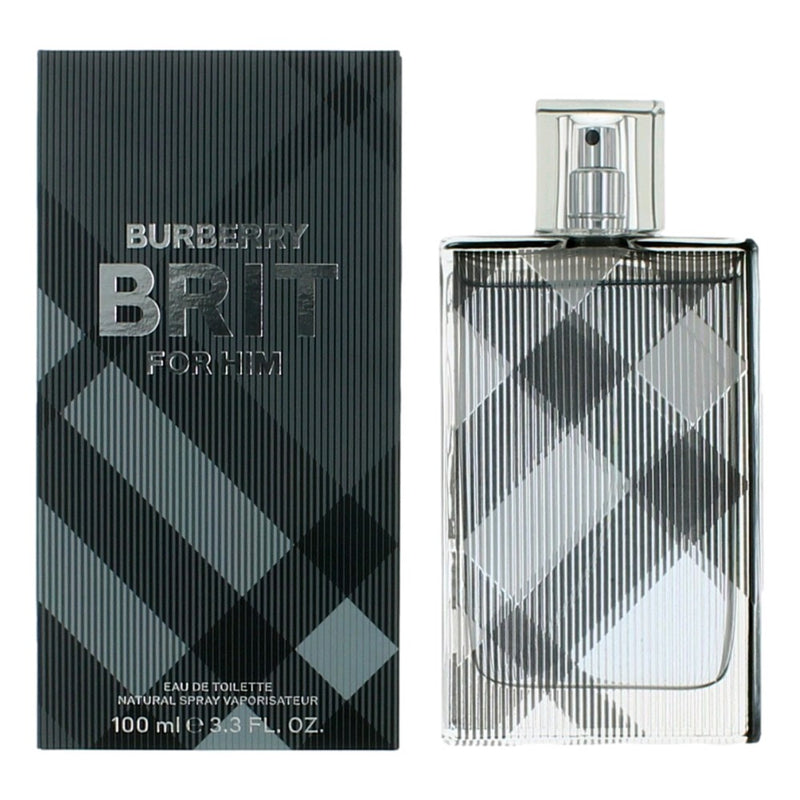 Burberry Brit men's 3.3 oz EDT spray bottle with sleek packaging and classic branding, displayed on a neutral background.