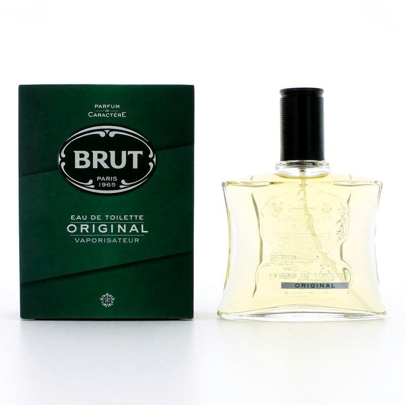 Brut Original men's 3.4 oz EDT spray bottle, featuring classic Brut branding and packaging on a neutral background.