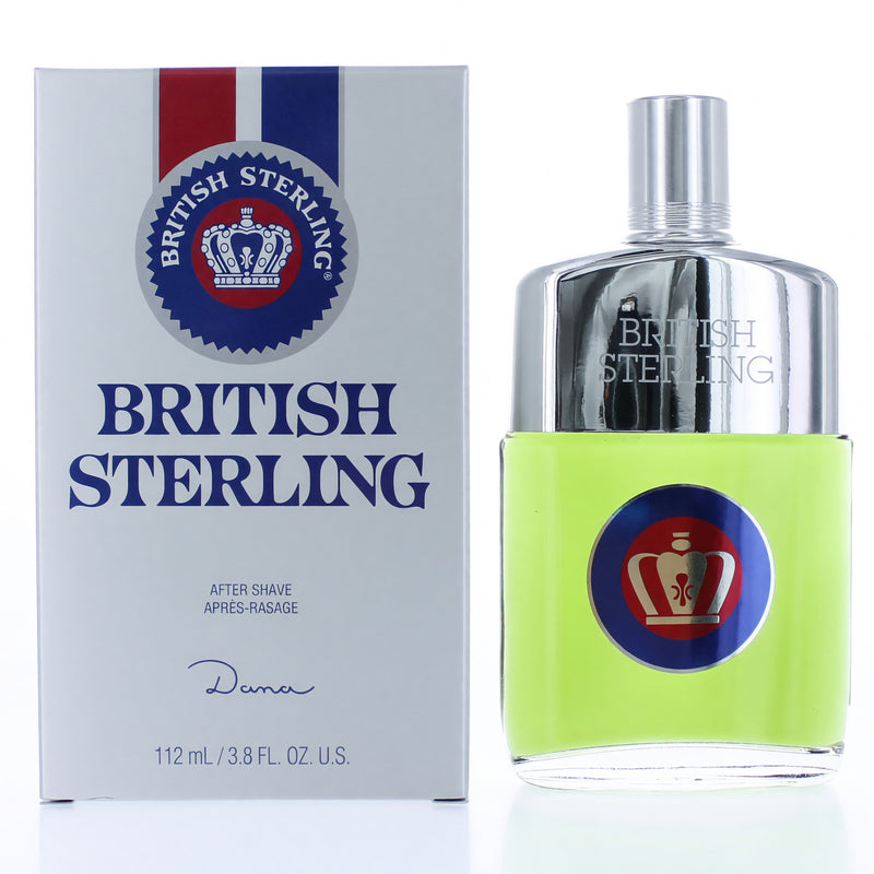 British Sterling by Dana men's after shave in 3.8 oz bottle, featuring classic packaging and amber-colored liquid.