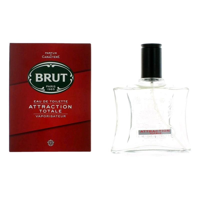 Brut Attraction Totale men's 3.4 oz EDT spray bottle with sleek packaging, designed for confident, fresh scent.