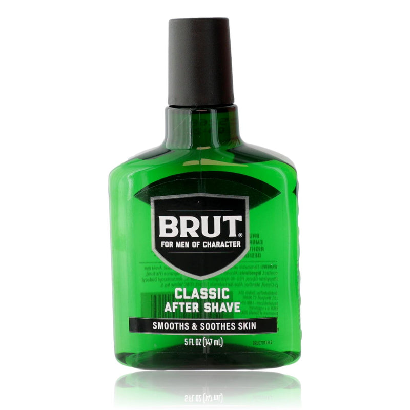 Brut 5 oz after shave splash for men, featuring a classic amber-colored bottle and branding, designed for refreshing skin after shaving.