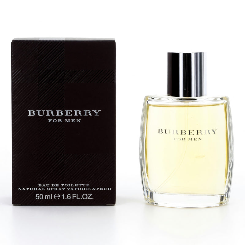 Burberry men's 1.6 oz EDT spray bottle with classic Burberry check pattern and clear cap, elegant and sophisticated fragrance packaging.
