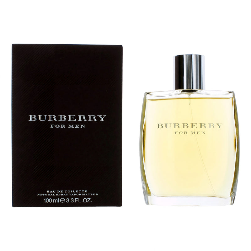 Burberry by Burberry men's 3.3 oz EDT spray bottle with sleek packaging and classic Burberry design.
