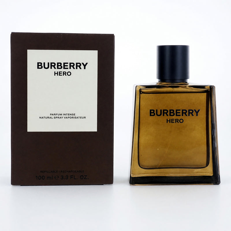 Burberry Hero men's parfum intense spray bottle, 3.3 oz, with elegant packaging and dark-colored cap.