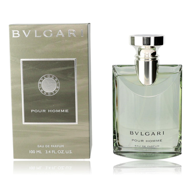 Bvlgari Pour Homme men's 3.4 oz EDP spray bottle with sleek design and silver accents.