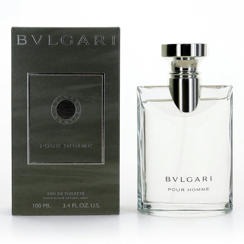 Bvlgari Pour Homme 3.4 oz men's EDT spray bottle with sleek black and silver design, showcasing the luxurious fragrance packaging.
