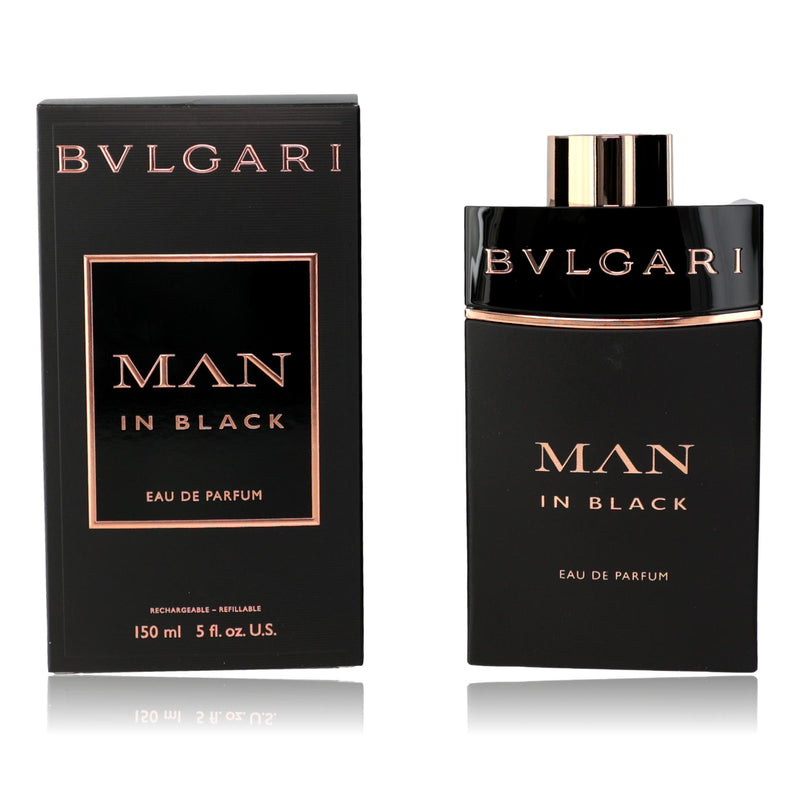 Bvlgari MAN in Black 5 oz men's EDP spray bottle, sleek black packaging with silver accents, image focused on the product.
