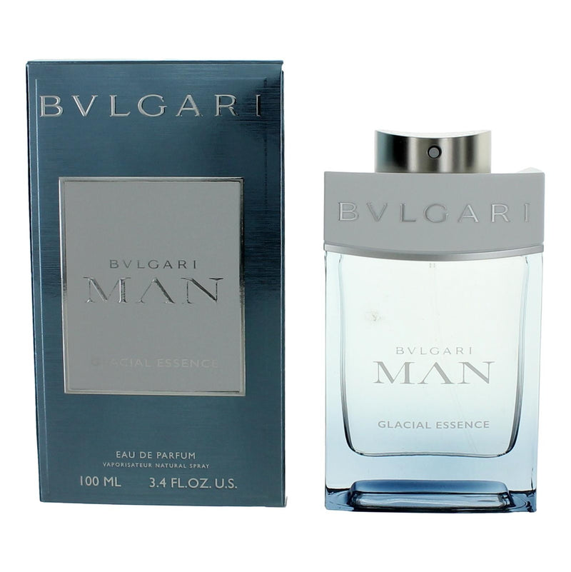 Bvlgari Glacial Essence men's 3.4 oz EDP spray bottle, sleek design, with a metallic and icy blue label.