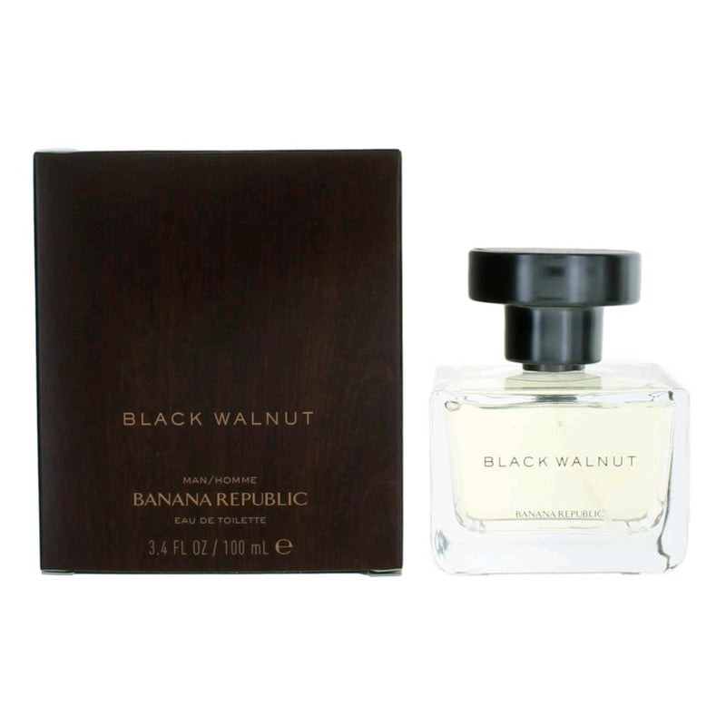 Black Walnut men's EDT spray by Banana Republic, 3.4 oz, featuring a sleek bottle with dark accents and a sophisticated design.