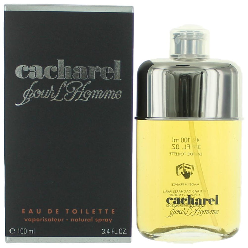 Cacharel Pour Homme 3.4 oz EDT spray for men, featuring the sleek bottle design and branding on the packaging.