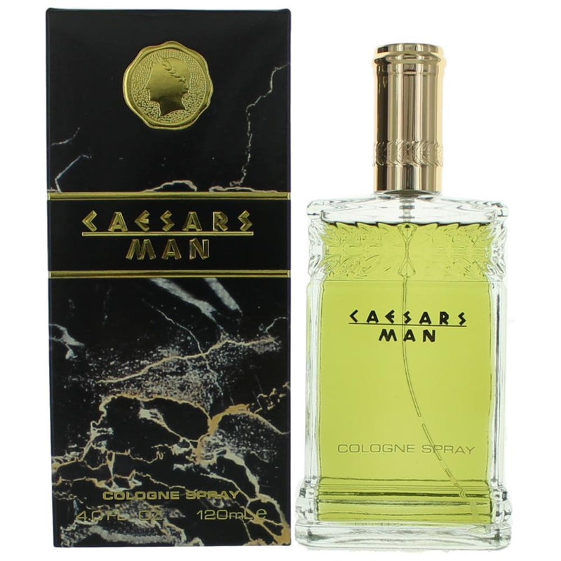 Caesar's World Caesars men's 4 oz cologne spray bottle with sleek packaging and a modern design.
