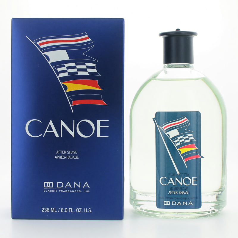 Dana Canoe 8 oz men's after shave splash bottle, clear glass container with label and cap, for refreshed skin after shaving.