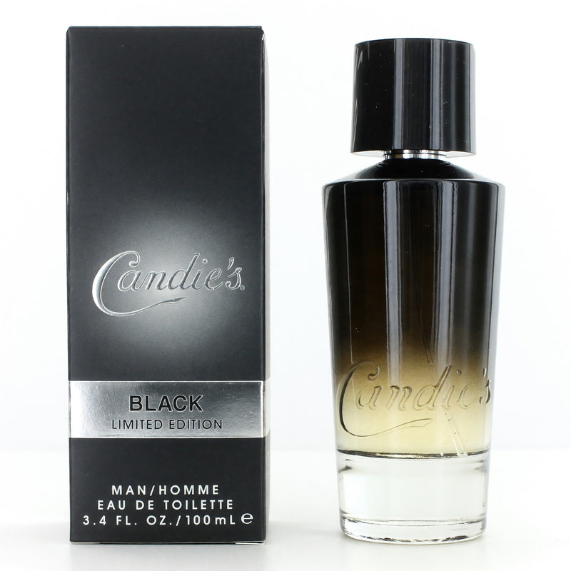 Candie's Black men's 3.4 oz EDT spray bottle with sleek black packaging and silver accents, displayed on a neutral background.