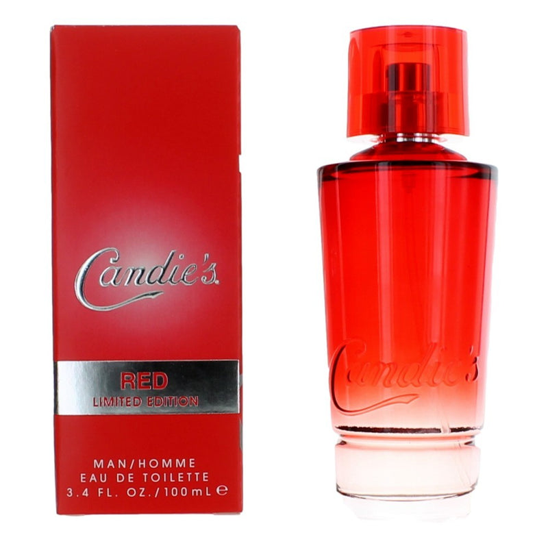 Candie's Red men's 3.4 oz EDT spray bottle with a sleek red design and black cap, displayed on a plain background.