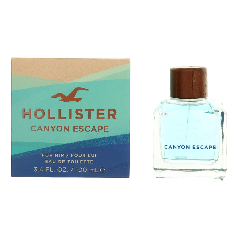 Hollister Canyon Escape 3.4 oz men's EDT spray bottle with sleek black packaging and silver accents.