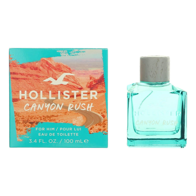 Hollister Canyon Rush 3.4 oz men's EDT spray bottle with sleek design and vibrant blue packaging.