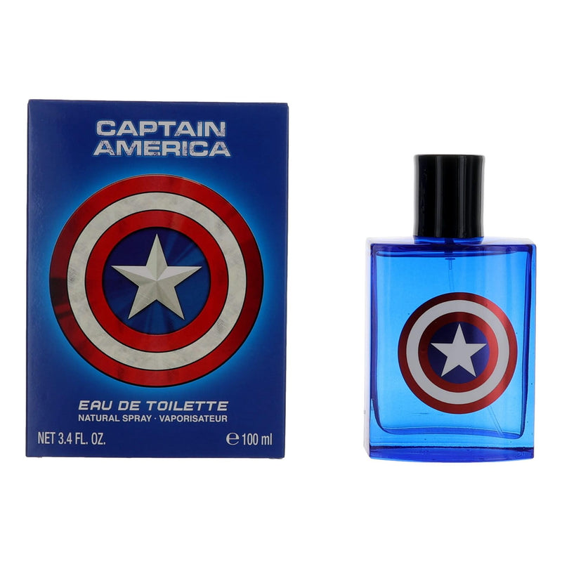 Captain America Marvel men's 3.4 oz EDT spray bottle showing the superhero-themed packaging and spray nozzle.