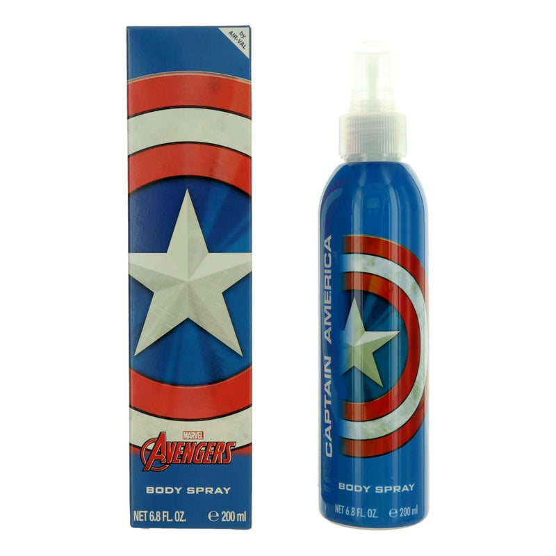 Marvel Captain America 6.8 oz kids body spray featuring Captain America character design and superhero branding.