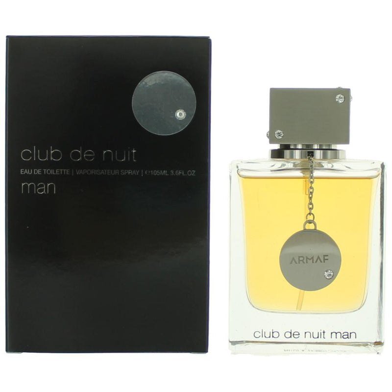 Armaf Club De Nuit 3.6 oz men's EDT spray bottle, sleek packaging for a fresh, masculine fragrance.
