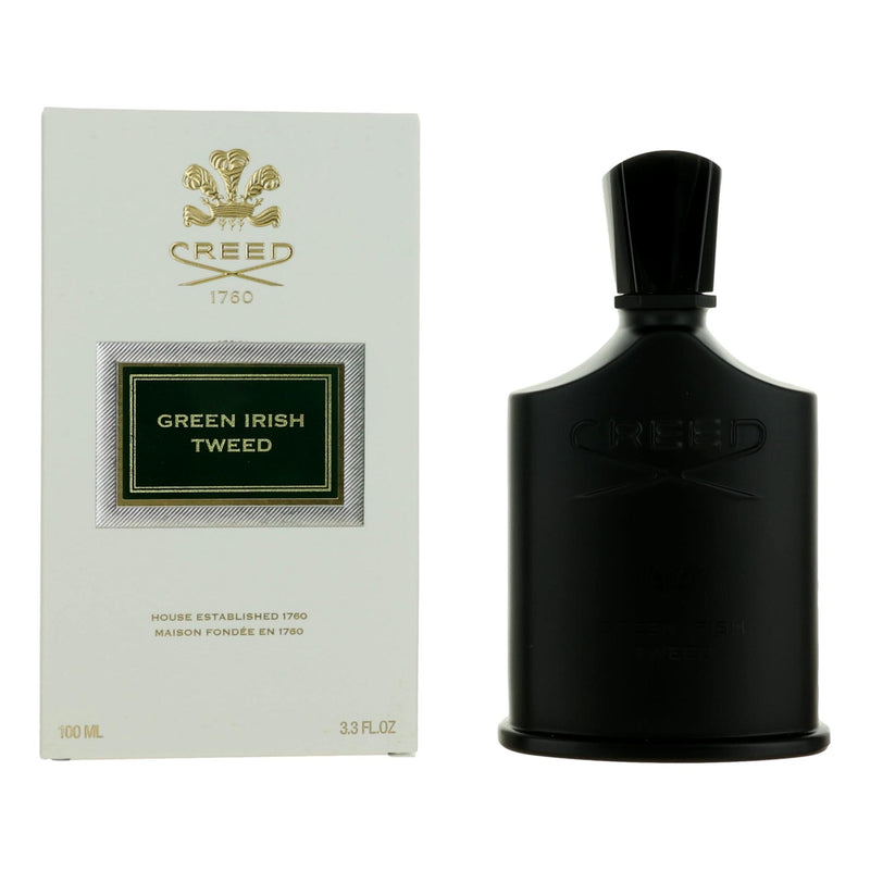 Green Irish Tweed Creed 3.3 oz men's Eau de Parfum spray with green and gold packaging and elegant bottle design.